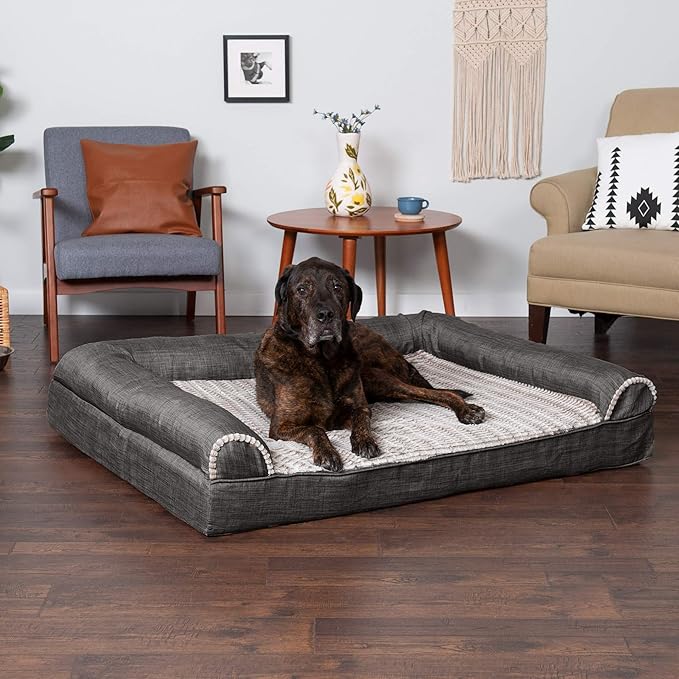 Furhaven Memory Foam Dog Bed for Large Dogs w/ Removable Bolsters & Washable Cover, For Dogs Up to 125 lbs - Luxe Faux Fur & Performance Linen Sofa - Charcoal, Jumbo Plus/XXL