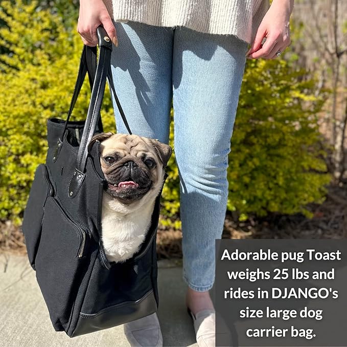 DJANGO Dog Carrier Bag - Waxed Canvas and Leather Soft-Sided Pet Travel Tote with Bag-to-Harness Safety Tether & Secure Zipper Pockets (Medium, Black)