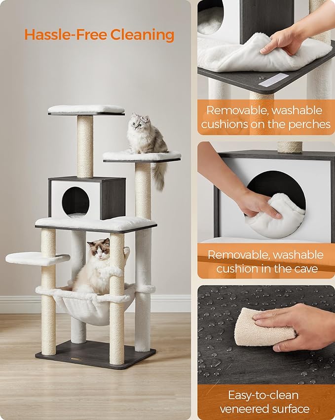 Feandrea Cat Tree, 54.3-Inch Modern Cat Tower for Indoor Cats, Multi-Level Cat Condo, Ultra-Soft Plush, Scratching Posts, Hammock, Removable, Washable Cushions, Misty Gray UPCT164G02