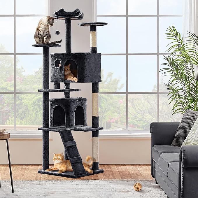 Yaheetech Larget Cat Tree, 80in Multi-Level Cat Tower with Cat Scratching Posts, Double Cat Condo, Perched Platforms and Dangling Balls, Cat Activity Center for Kittens Pet, Black