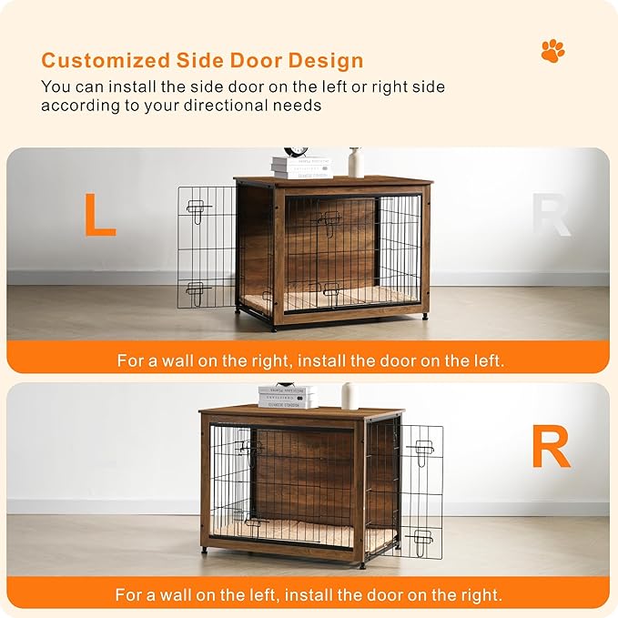 DWANTON Dog Crate Furniture with Cushion, Wooden Dog Crate with Double Doors, Dog Furniture, Indoor Dog Kennel，End Table, Medium, 32.5" L, Warm Brown