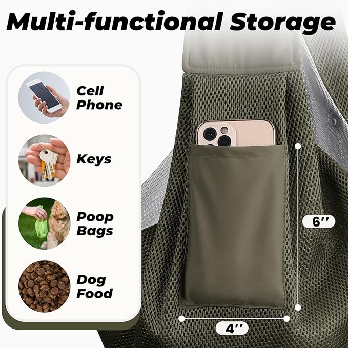 Dog Carrier Sling, Hand-Free Dog Sling Carrier for Small Dogs and Cats，Travel Safety Puppy Bag (ArmyGreen)