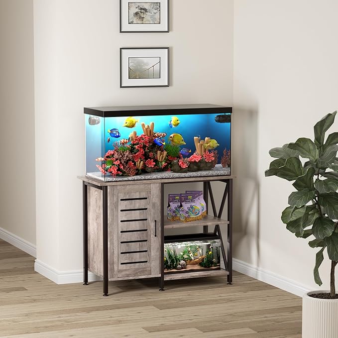 40-50 Gallon Fish Tank Stand, Aquarium Stand with Cabinet Accessories Storage, Heavy Duty Metal Frame, 40.55" L*18.89" W Tabletop, 1000LBS Capacity, Greige PG02YGZ