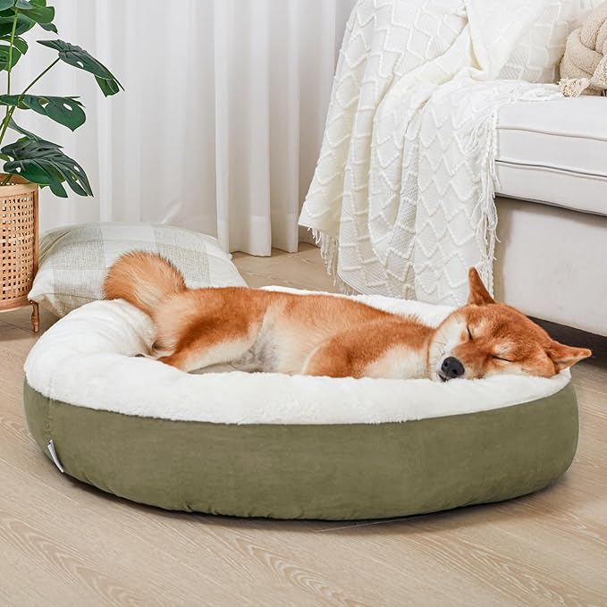 Love's cabin Round Donut Cat and Dog Cushion Bed, 30in Pet Bed for Medium or Large Dogs, Anti-Slip & Water-Resistant Bottom, Soft Durable Fabric Pet beds, Washable Calming Cat & Dog Bed Olive Green