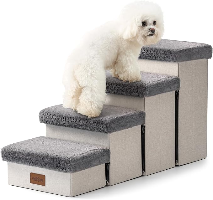 Dog Stairs for Bed with Storage 18" H, Small Dogs Foldable Ramp with Leakproof Fabric Cover, Cat Steps for Medium Bed, Couch and Sofa, Lightweight, Comfort, 33x13x17.71in, Grey, 4 Tiers