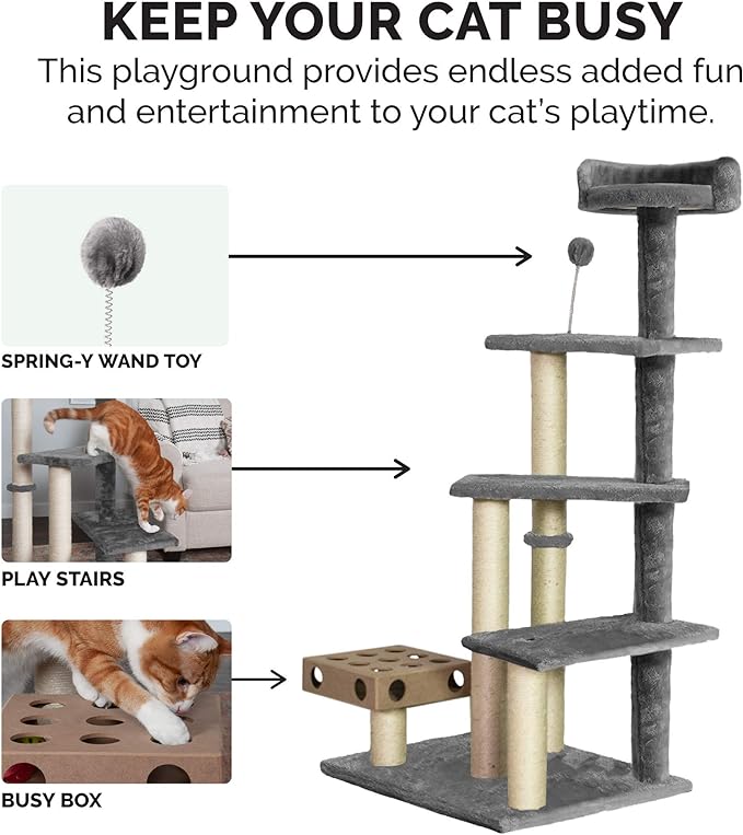 Furhaven 49.5" Tall Cat Tree for Indoor Cats, Ft. Sisal Scratching Posts, Plush Ball Toy, & Busy Box Toy - Tiger Tough Play Stairs Interactive Playground Tower - Gray, One Size