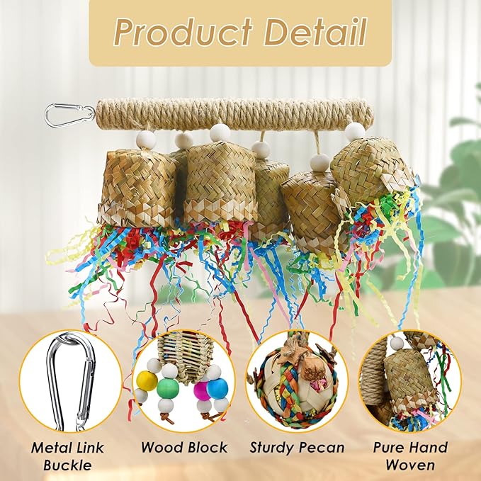 3pcs Parrot Chewing Rattan Corn Husk Toys Handmade Bamboo Palm Leaf Toys Budgie Foraging Toys Small Bird Hanging Swing Shredder Toys for Birds Parakeet Cockatiel Love Birds