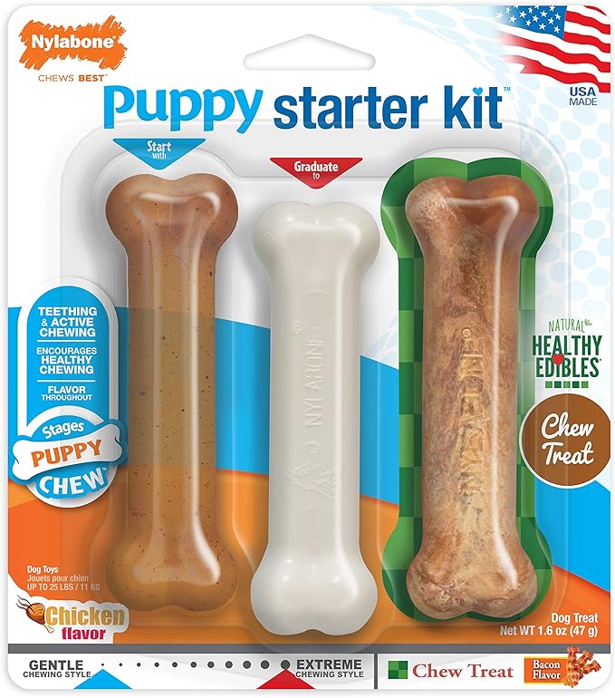 Nylabone Puppy Triple Pack - Blue Puppy Teething Toy, Nylon Dog Toy, & Chew Treat Variety Pack - Puppy Supplies - Chicken & Bacon Flavor, Small/Regular (3 Count)