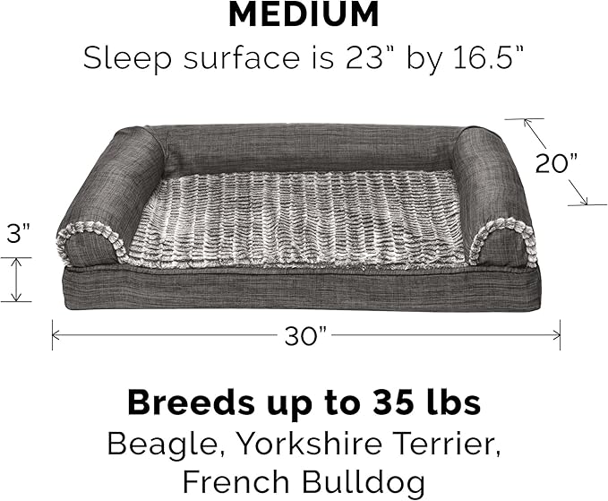 Furhaven Memory Foam Dog Bed for Medium/Small Dogs w/ Removable Bolsters & Washable Cover, For Dogs Up to 35 lbs - Luxe Faux Fur & Performance Linen Sofa - Charcoal, Medium