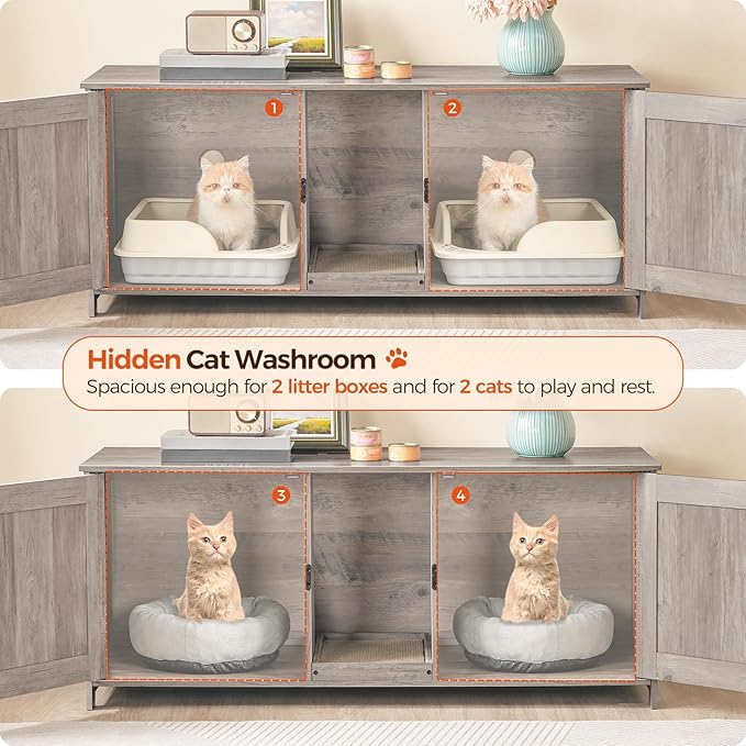 Cat Litter Box Enclosure for 2 Cats, 47.2" Hidden Cat Litter Box Furniture with Double Room, Wooden Cat Washroom Cabinet with Scratching Board, Indoor Cat House End Table, Greige CWHG1201