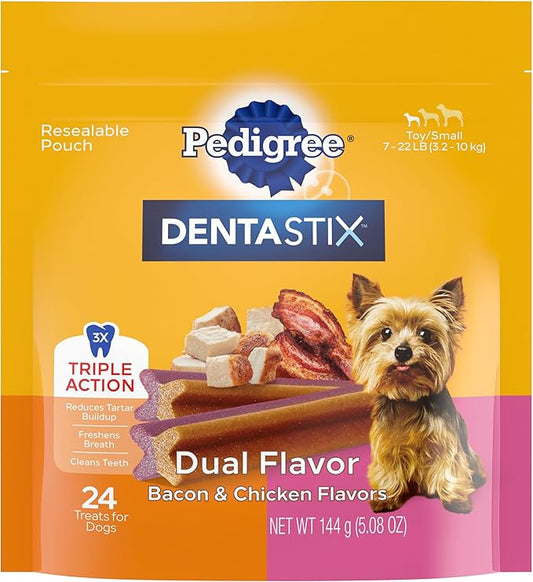 PEDIGREE DENTASTIX Dual Flavor Small Dog Dental Treats, Bacon & Chicken Flavors Dental Bones, 5.08 oz. Pack (24 Treats)