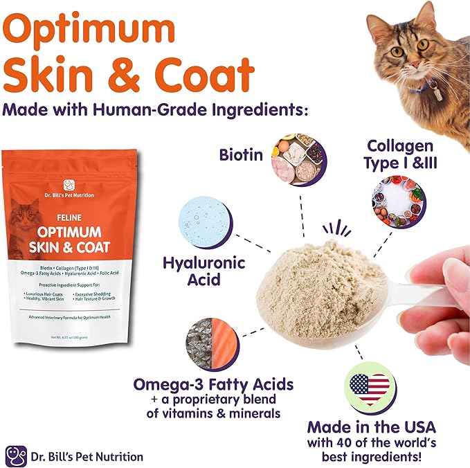 Dr. Bill’s Feline Optimum Skin & Coat – Fish Oil Omega-3 Fatty Acids for Cats Healthy Fur | Reduce Shedding and Hairballs with Biotin, Type I & III Marine Collagen, Hyaluronic Acid, & Folic Acid