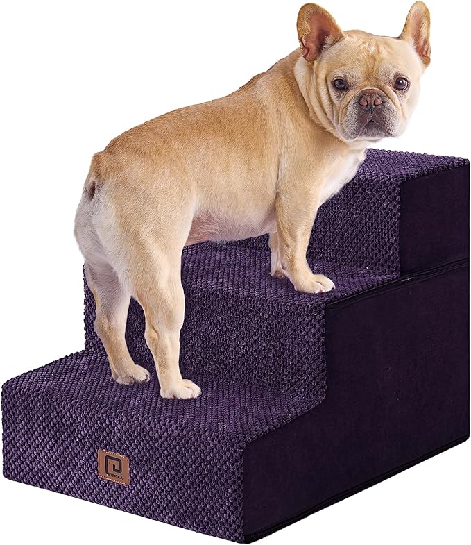 EHEYCIGA Dog Stairs for Small Dogs 13.5" H, 3-Step Dog Steps for Couch Sofa and Chair, Pet Steps for Small Dogs and Cats, Non-Slip Balanced Dog Indoor Ramp, Purple