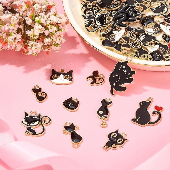 LiQunSweet 50 Pcs 10 Styles Enamel Kitten Animals Black Cat Charms for Jewelry Making Earrings Bracelet Necklace DIY