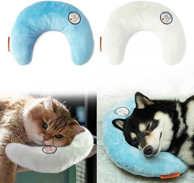 Cat Pillow, Dog Pillow, Claming Pillows for Small Dogs and Cats, Joint Relief Sleeping Improve Pet Neck Pillow， Deep Sleep Fluffy & Cozy Pet Calming Toy，Machine Washable(2 Pack(Blue&White))