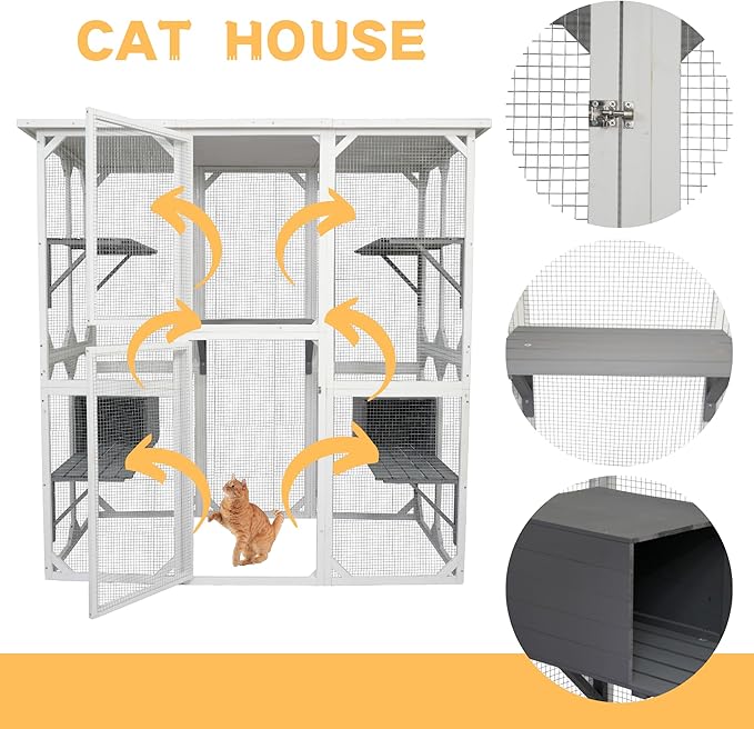 72 Inch Wooden Catio Outdoor Cat Enclosure on Wheels, Luxury Kitty-House with 8 Jumping Platforms & Weatherproof Asphalt Roof, Kitty Condo Cage Shelter Playpen with Sliding Doors