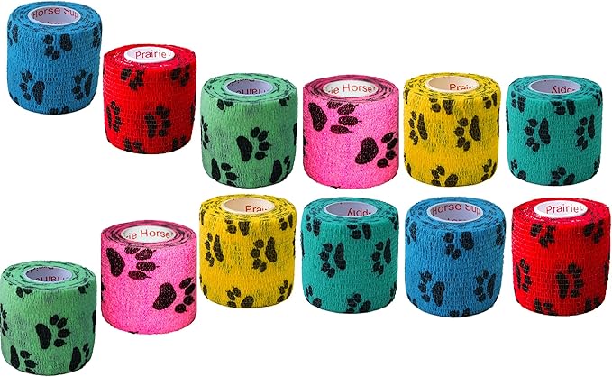 Prairie Horse Supply 2 Inch Vet Wrap Tape Bulk (Paw Prints Variety) (Pack of 12) Self Adhesive Adherent Adhering Flex Bandage Grip Roll for Dog Cat Pet