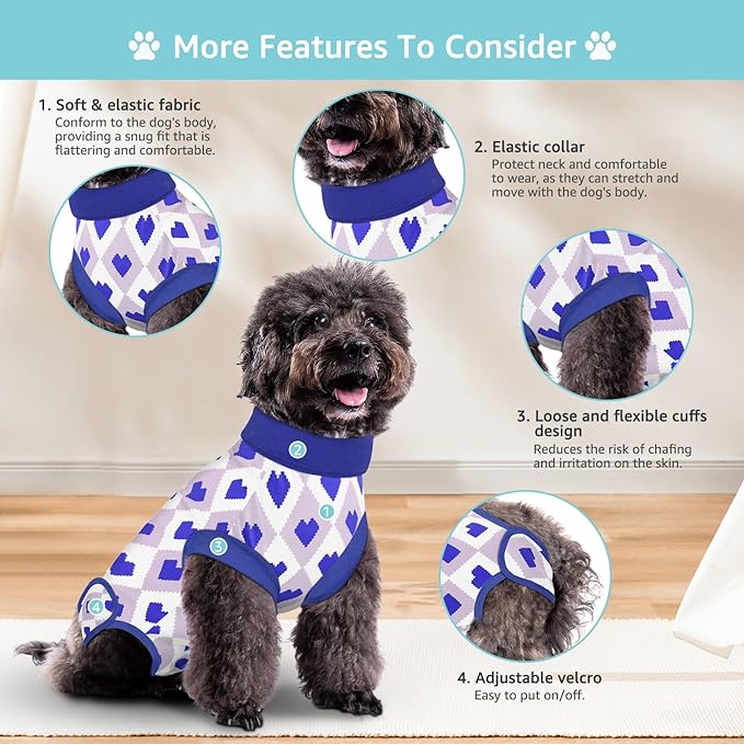 2 Packs Dog Recovery Suit Female Male, Blue Heart + Blue Heart, M