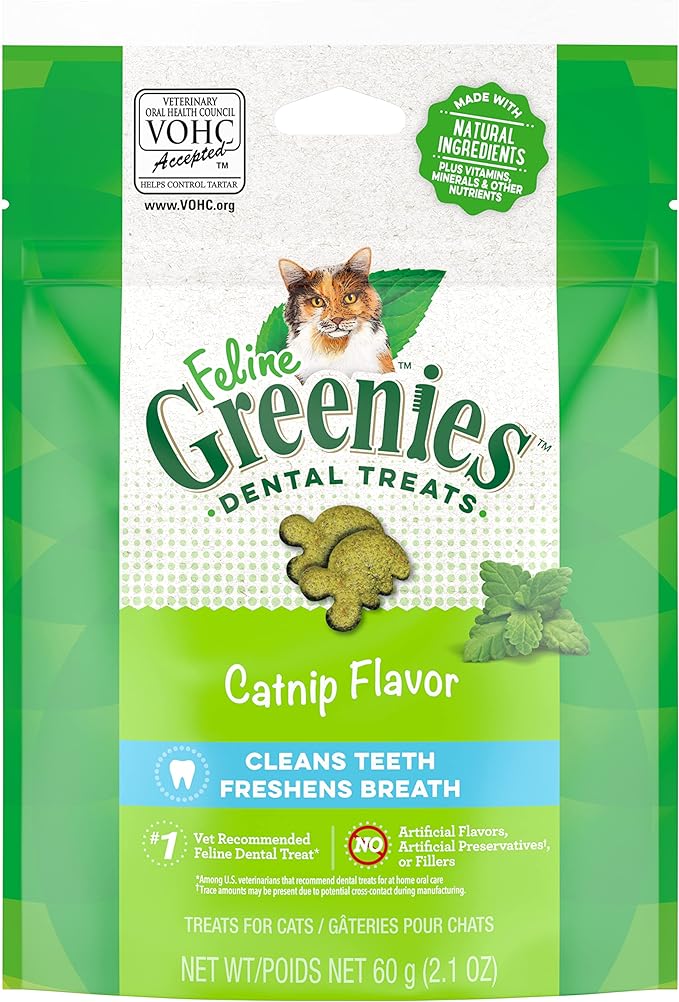 Greenies Feline Adult Natural Dental Care Cat Treats, Catnip Flavor, 2.1 oz. Pouch