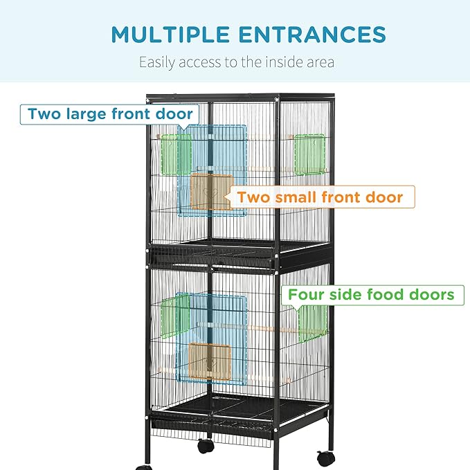 PawHut Large Bird Cage with 1.7 ft. Width for Wingspan, Bird Aviary Indoor with Multi-Door Design, Fit for a Canary, Finch, Conure, 55", Black