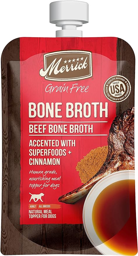 Merrick Grain Free Bone Broth, Premium Human Grade And Gluten Free Dog And Cat Food Topper Pouches, Beef - 7 oz. Pouch