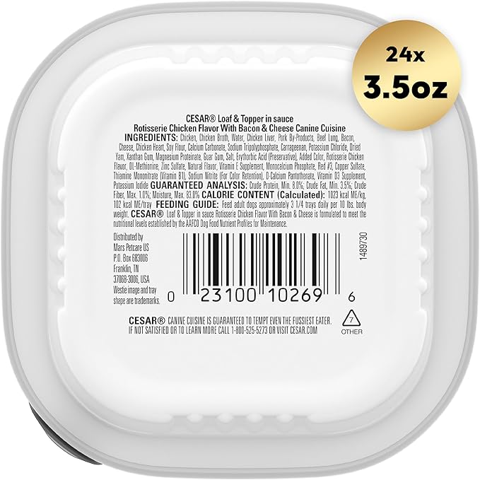 CESAR Adult Wet Dog Food Loaf & Topper in Sauce Rotisserie Chicken Flavor with Bacon & Cheese, 3.5 oz. Easy Peel Trays, Pack of 24