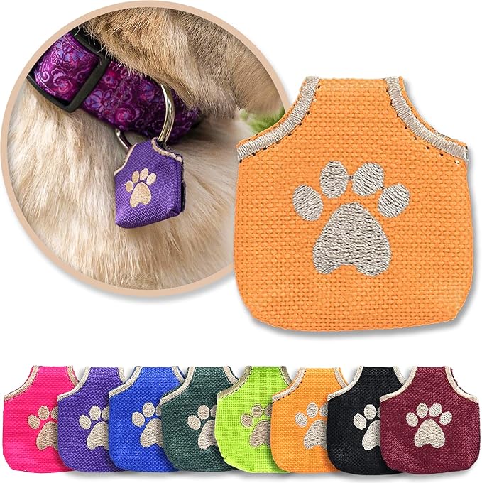 Dog Tag Silencer, Orange Pawprint - Quiet Noisy Pet Tags - Fits Up to Four Pet IDs - Dog Tag Cover Protects Metal Pet IDs, Made of Durable Nylon, Universal Fit, Machine Washable