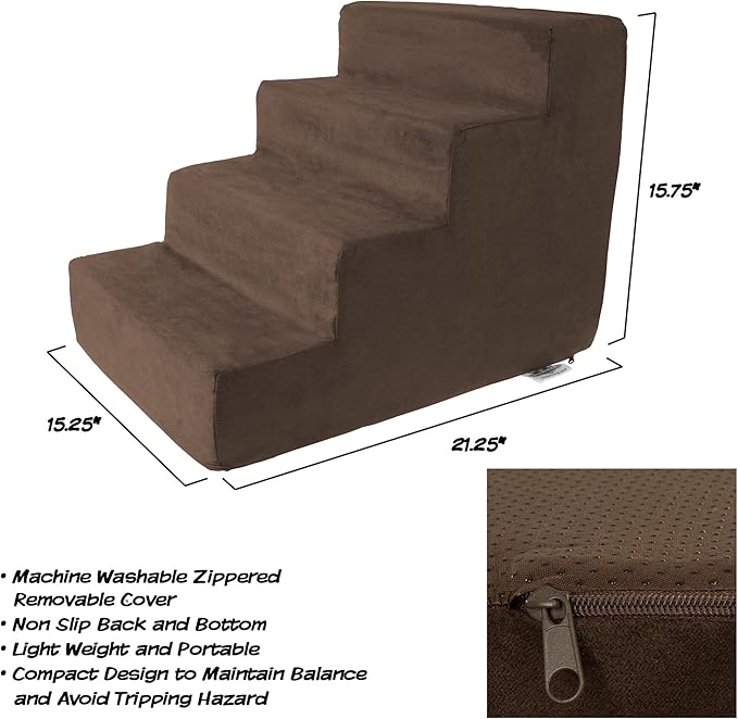 4-Step Pet Stairs - Nonslip Foam Dog and Cat Steps with Removable Zippered Microfiber Cover - Designed for Home or Vehicle Use by PETMAKER (Brown)