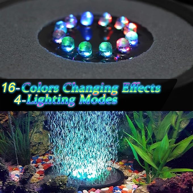 Aquarium Bubble LED Lights RGBW, Remote Controlled Air Stone Disk, with 16 Color Changing, 4 Lighting Effects for Fish Tank Decorations