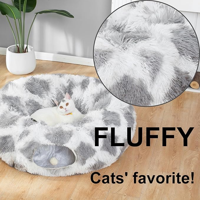 LUCKITTY Warm Fluffy Plush Cat Dog Tunnel Bed with Washable Cushion- Big Tube Playground Toys 3 FT Diameter Collapsible, for Indoor Cat Kitty Kitten Puppy Rabbit Ferret Gray-White Diamond Pattern