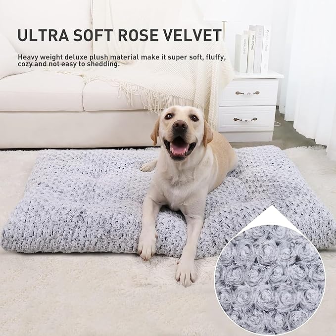 KSIIA Washable Dog Bed Deluxe Plush Dog Crate Beds Fulffy Comfy Kennel Pad Anti-Slip Pet Sleeping Mat for Large, Jumbo, Medium, Small Dogs Breeds, 53" x 36", Gray