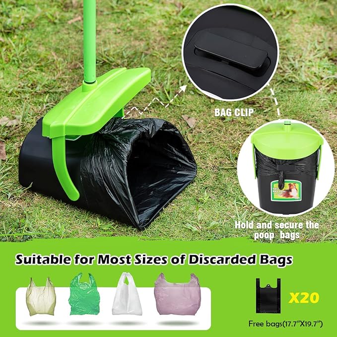 Pooper Scooper Swivel Bin & Rake Kit with 20 Waste Bags, 36.6" Long Handle Adjustable Portable Non-Breakable Dog Pooper Scooper for Large Medium Small Dogs, Poop Scooper for Lawn Yard Dog Kennel