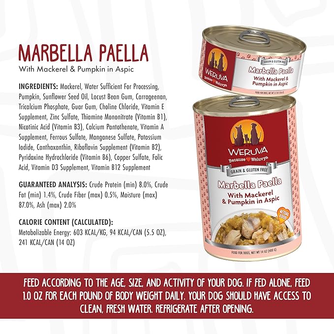 Weruva Classic Dog Food, Marbella Paella with Mackerel & Pumpkin in Aspic, 5.5Oz Can (Pack of 24)