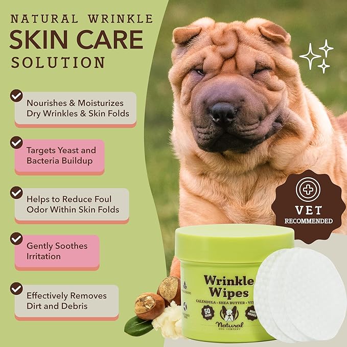 Natural Dog Company Wrinkle Wipes for Dogs, 50 Count, Hypoallergenic Dog Wipes, Wrinkle Wipes French Bulldog, Cleaning & Deodorizing, Dog Wipes for Grooming Faces, Paws & Butts