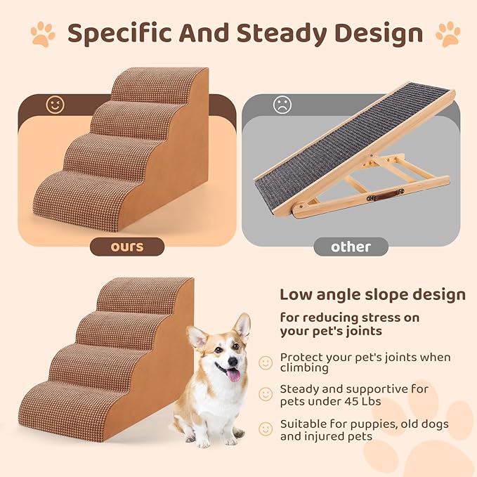 Dog Stairs for High Beds, 4-Tier Dog Stairs for Small Dogs and Cats High Density Foam Dog Steps for Couch & Bed, Pet Stairs with Non-Slip Bottom for Doggies, Old Dogs and Injured Pets, Camel