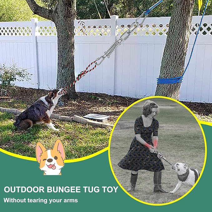 HOPET Dog Outdoor Bungee Solo Hanging Toy, Tether Tug of War Dog Toys for Pitbull Small Large Aggressive Chewers Dogs to Exercise, Durable Interactive Dog Tug Toy with Metal Spring Kit, Dog Rope Toys