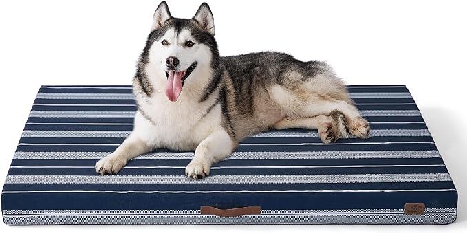 Bedsure Jumbo Large Patterned Dog Bed for Large Dogs, Outdoor Waterproof Orthopedic Egg Foam Dog Bed Comfort Pet Mats for Crate with Removable Washable Cover(54"x44", Navy Blue)