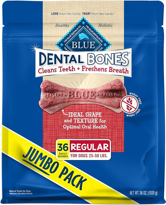 Blue Buffalo Dental Bones Regular Natural Dental Chew Dog Treats, (25-50 lbs) 36-oz Bag Jumbo Pack