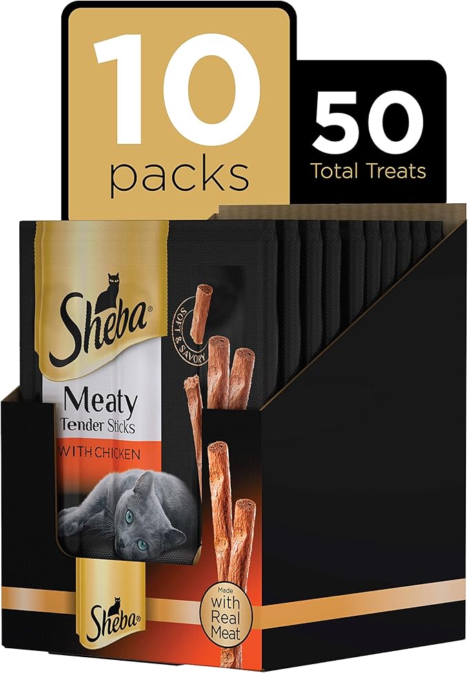 Sheba Treats Meaty Tender Sticks Soft Cat Treats Chicken Flavor, (5 Treats) 0.14 oz. Sticks (Pack of 10)