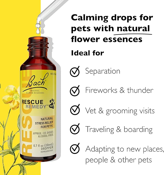 Bach RESCUE Remedy PET Dropper 20mL, Natural Stress Relief, Calming for Dogs, Cats, & Other Pets, Homeopathic Flower Essence, Thunder, Fireworks & Travel, Separation, Sedative-Free, 2-Pack