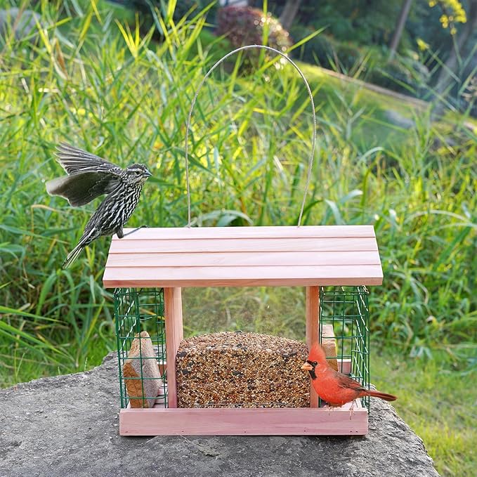 Wooden Bird Feeders for Outdoor Hanging, Large Capacity Handmade Wildbird Feeder for Outside Yard Patio Hanging with Double Suet Holder Cages, Waterproof and Durable, Pink