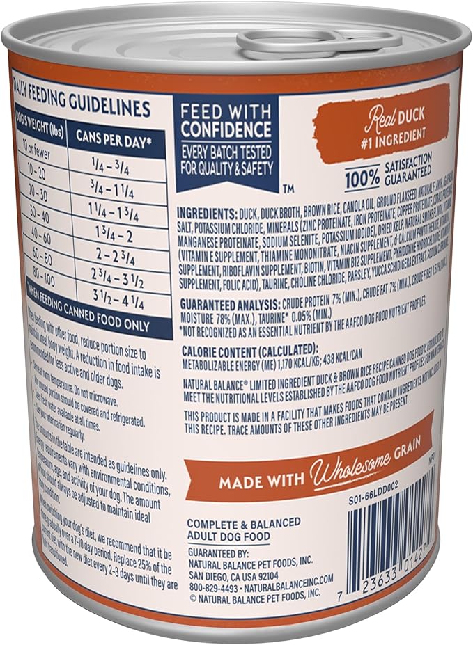 Natural Balance Limited Ingredient Adult Wet Canned Dog Food with Healthy Grains, Reserve Duck & Brown Rice Recipe, 13 Ounce (Pack of 12)