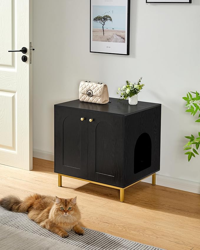 Cat Litter Box Enclosure, Hidden Litter Box Furniture, Wooden Pet House Side End Table, Storage Cabinet Bench, Fit Most Cat and Litter Box, Living Room, Bedroom, Black and Gold CB81204G