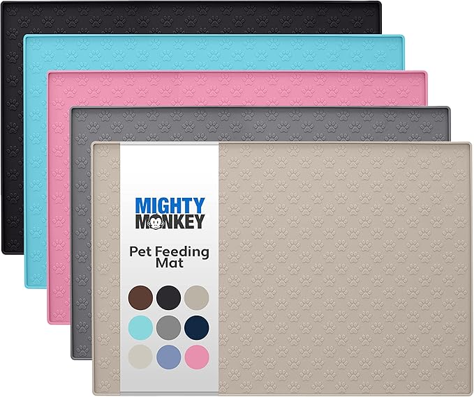 MIGHTY MONKEY 100% Waterproof Dog Food Mat, Raised Edges Silicone Pet Feeding Placemat for Cat, Dogs, Pet Bowls, High Lipped Tray Prevents Water Spills, Food on Floor, Dishwasher Safe, 18x12, Beige