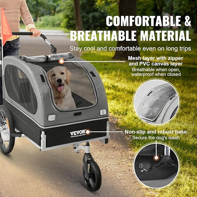 VEVOR Dog Bike Trailer, Supports up to 88 lbs, 2-in-1 Pet Stroller Cart Bicycle Carrier, Easy Folding Cart Frame with Quick Release Wheels, Universal Bicycle Coupler, Reflectors, Flag, Black/Gray