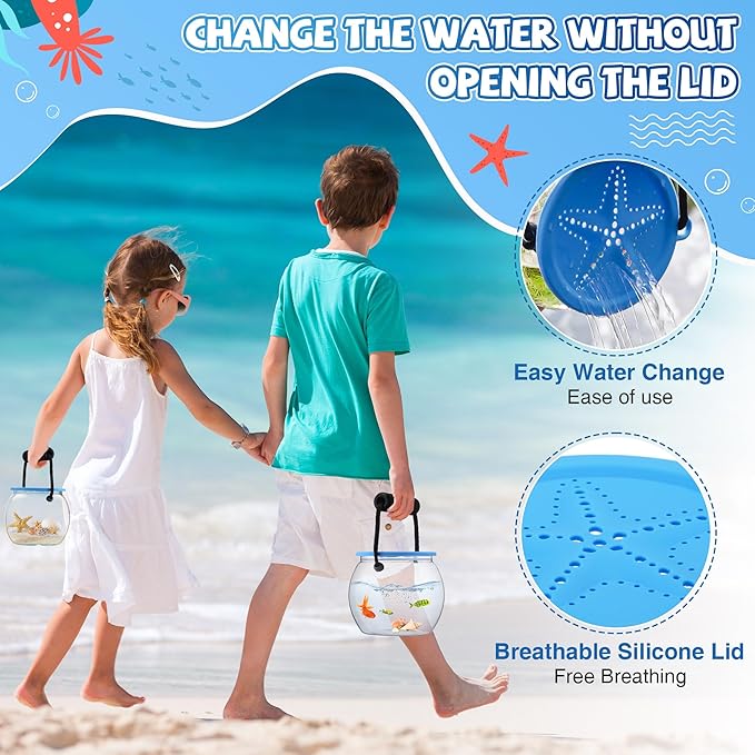 Dreyoo 2 Pack Catch and Release Plastic Beach Aquarium Kit, Portable Clear and Transparent Fish Bowl for Ocean Adventure, 0.8 Gallon Outdoor Starfish Aquarium Kit Ideal for Beach, Pool and Lake