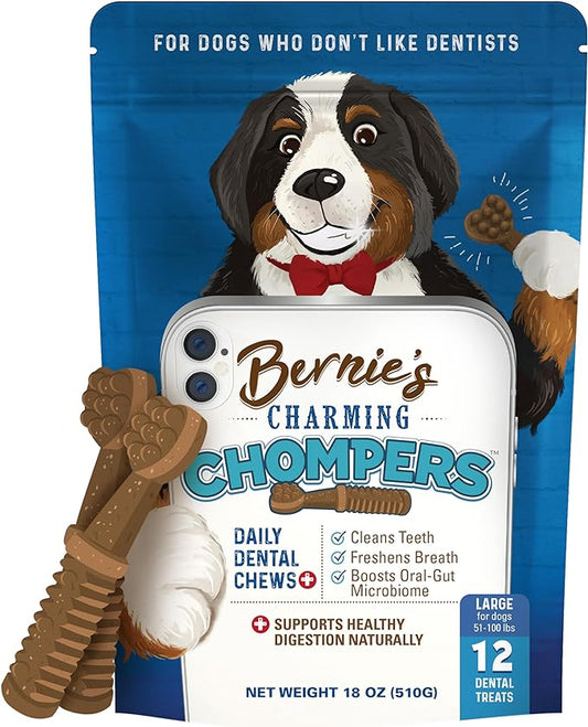 Bernie's Charming Chompers - Daily Dental Chews for Dogs 50-100 Lbs. - 12 Count - Cleans Teeth, Freshens Breath, Boosts Oral-Gut Microbiome. Easy to Digest, Supports Healthy Digestion Naturally