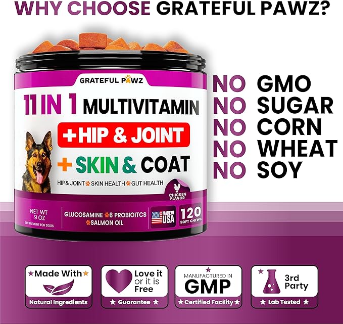 Dog Multivitamin Chewable with Glucosamine - Dog Vitamins and Supplements, Senior & Puppy Multivitamin for Dogs - Pet Chondroitin Hip and Joint Support Health, Immune Booster, Skin, Heart, Probiotics