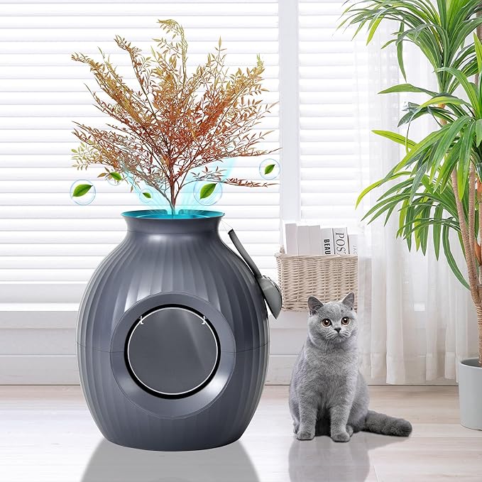 YITAHOME Smart Plant Litter Box with Odor Control & Sterilization System, Hidden Cat Litter Box Plant Furniturewith Led Light for Cats, Includes Scoop, Stones, Artificial Plants, Grey & Red