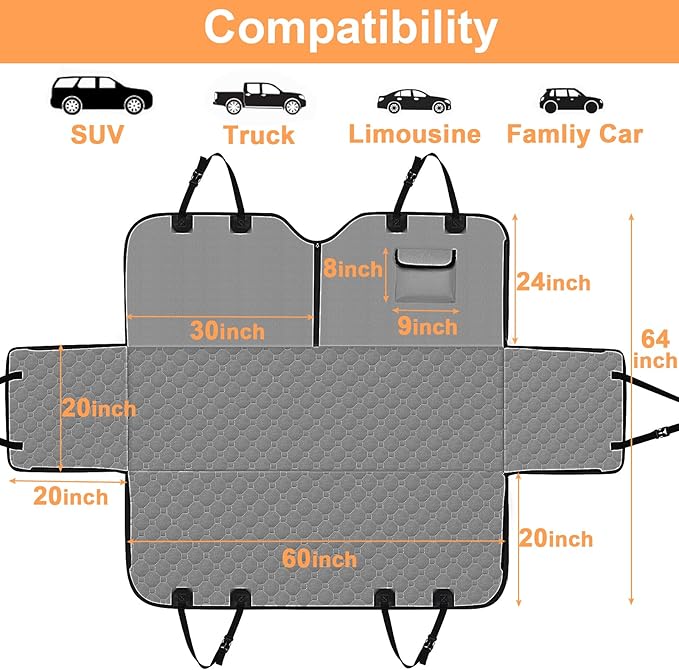 Mancro Dog Car Seat Cover for Back Seat, Waterproof Car Seat Protector for Dogs with Side Flaps, Scratchproof Dog Backseat Cover, Nonslip Dog Hammock for Sedans, SUVs, X-Large, Grey